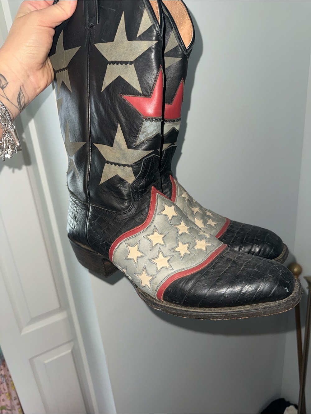 Men's Black Leather Western Boots with Red and Cream Star Accents